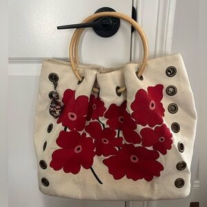 Floral Canvas Tote Bag with Wooden Handles